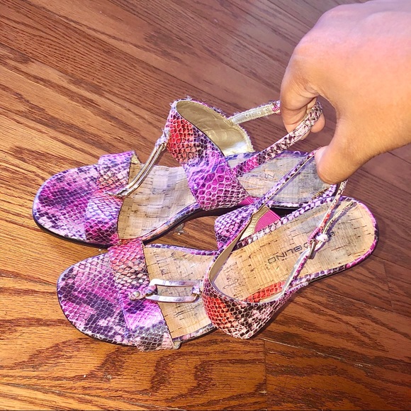 Snake Print Heels Orange Pink Sandals - Picture 2 of 5
